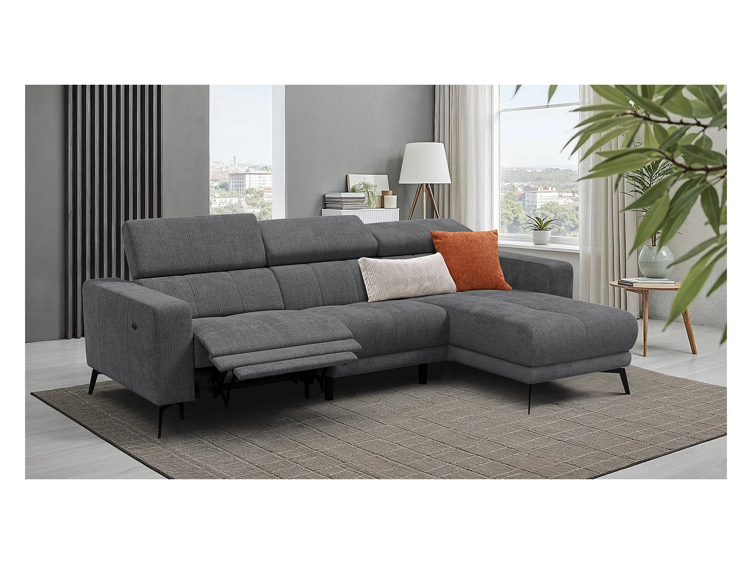 Canapé d'angle 4 places MORELLO avec 1 x Relax Zero Gravity, tissu gris foncé