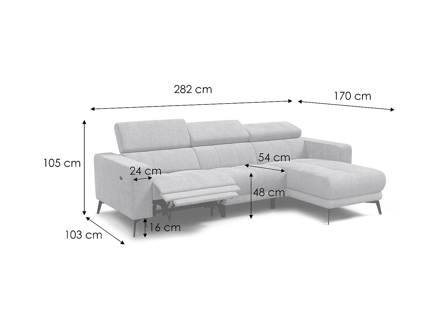 Canapé d'angle 4 places MORELLO avec 1 x Relax Zero Gravity, tissu gris foncé