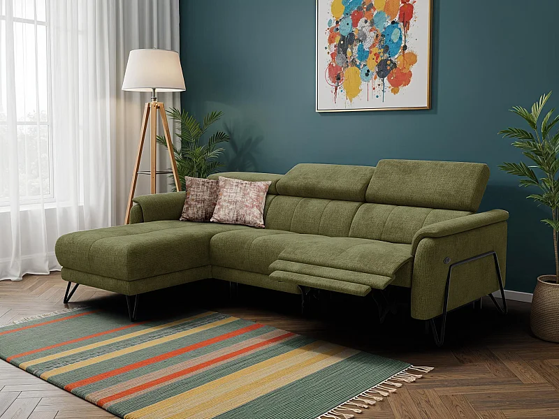 Canapé d'angle 4 places RODEN avec Relax, tissu olive