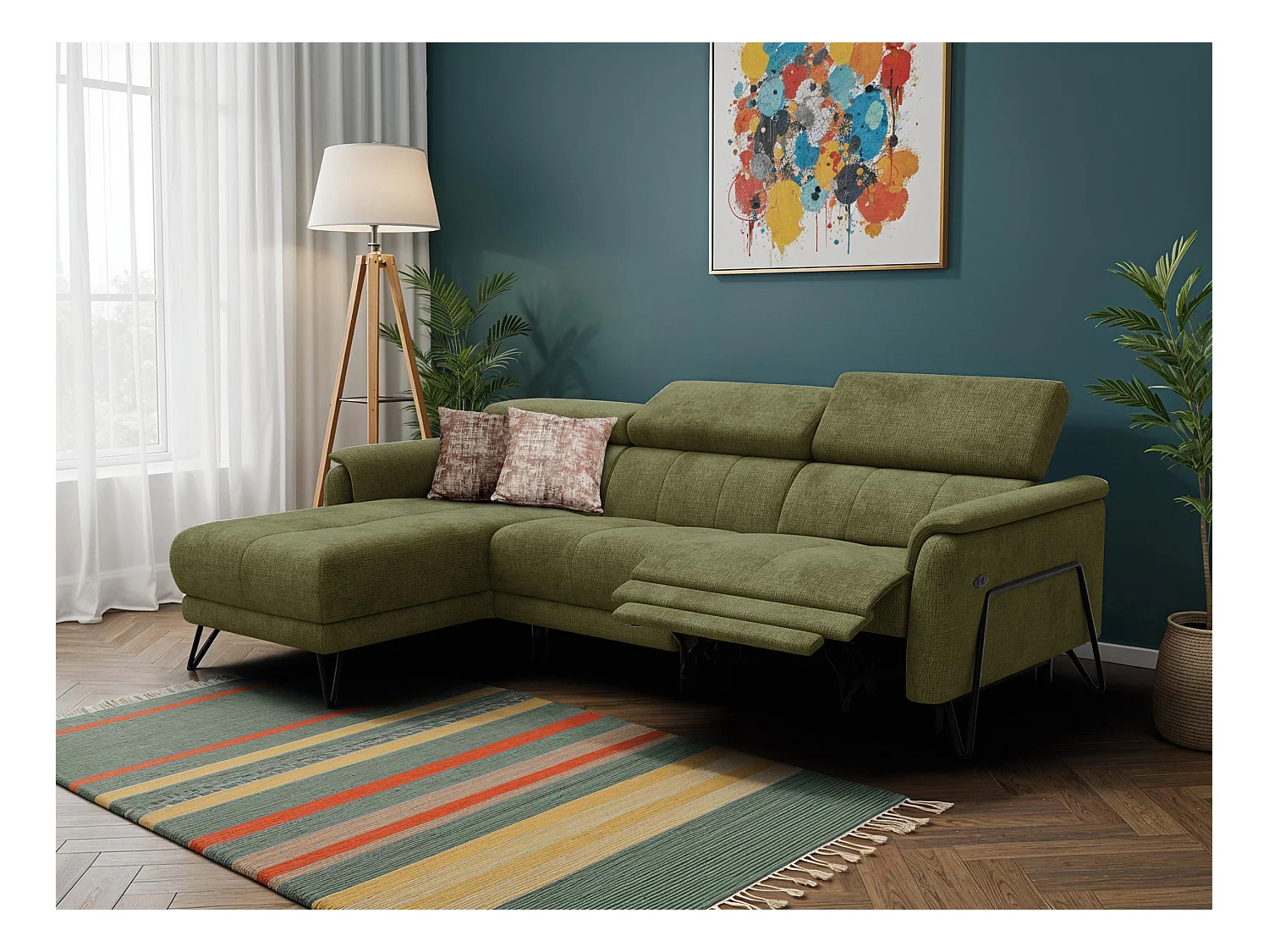 Canapé d'angle 4 places RODEN avec Relax, tissu olive