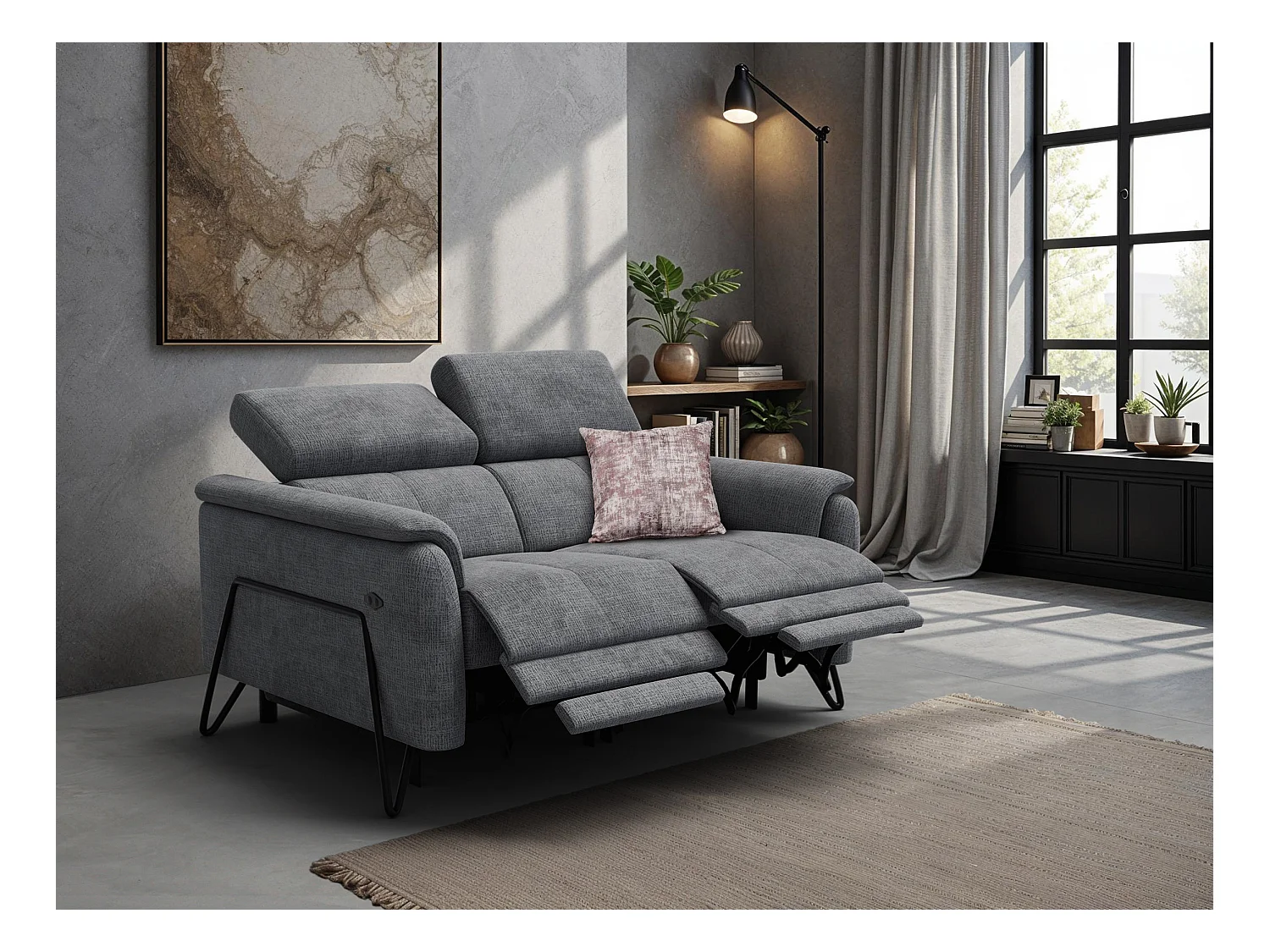 Canapé RODEN 2 places avec 2 Relax, tissu gris foncé