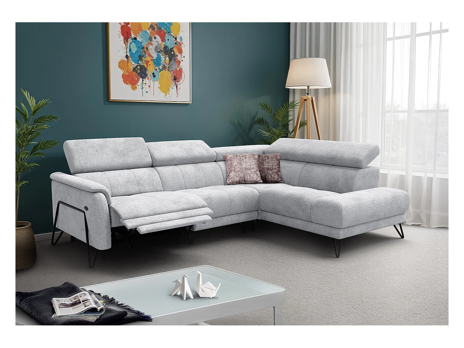 Canapé d'angle 5 places RODEN avec Relax, tissu gris clair