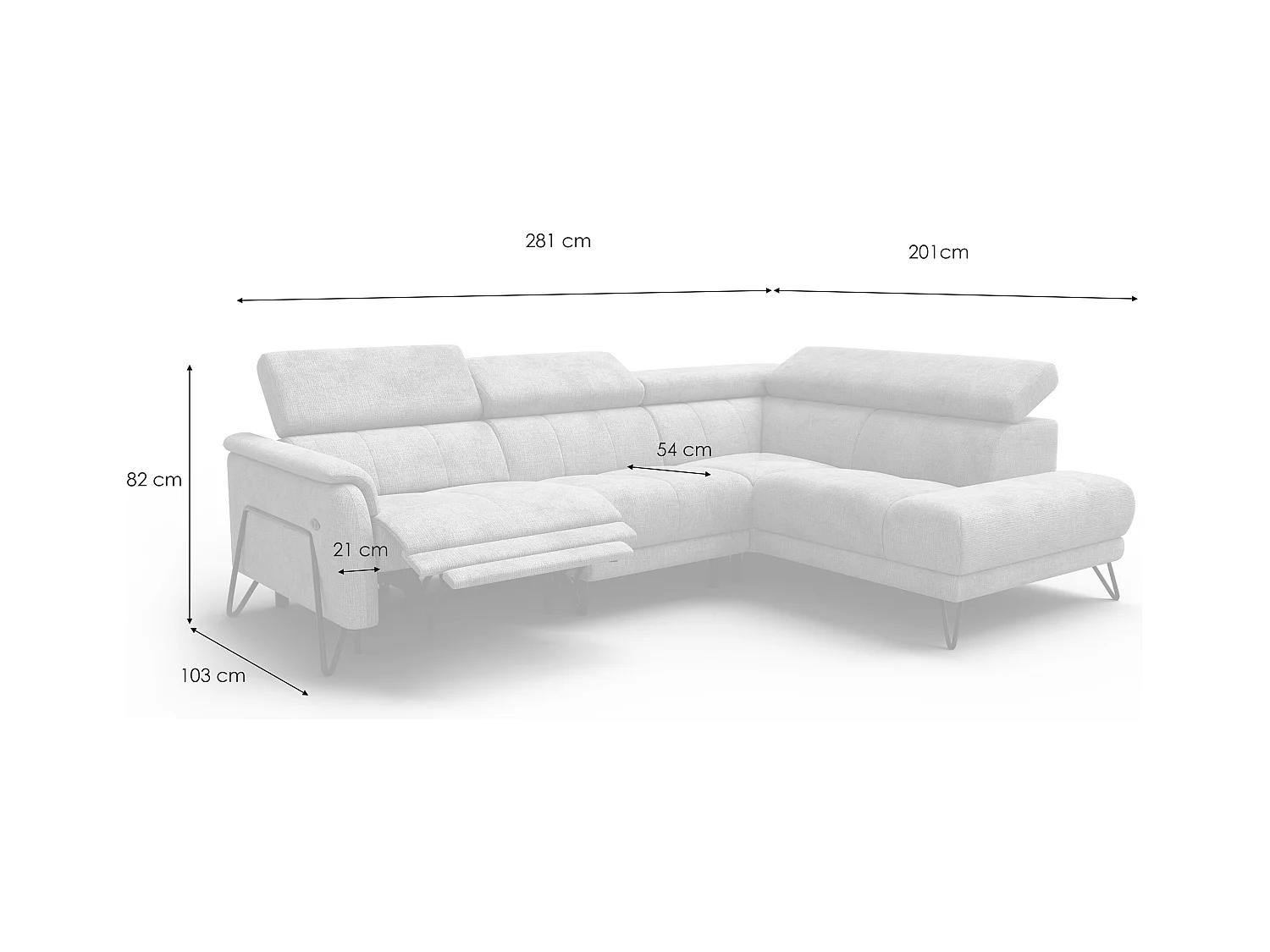 Canapé d'angle 5 places RODEN avec Relax, tissu gris clair