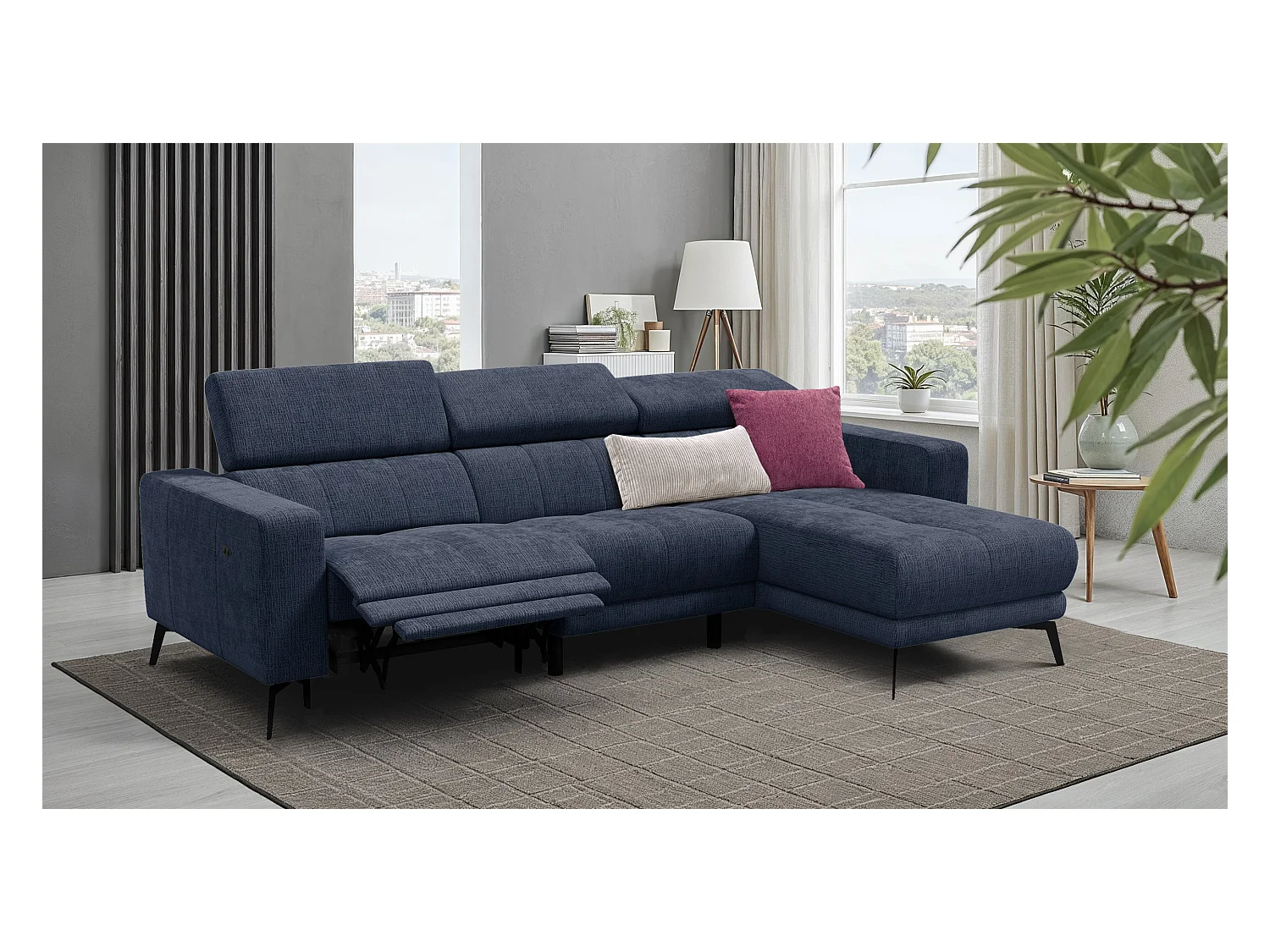 Canapé d'angle 4 places MORELLO avec 1 x Relax Zero Gravity, tissu bleu marine