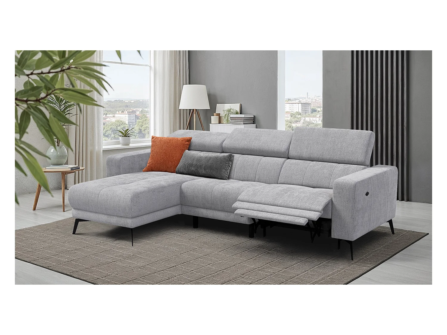 Canapé d'angle 4 places MORELLO avec 1 x Relax Zero Gravity, tissu gris clair