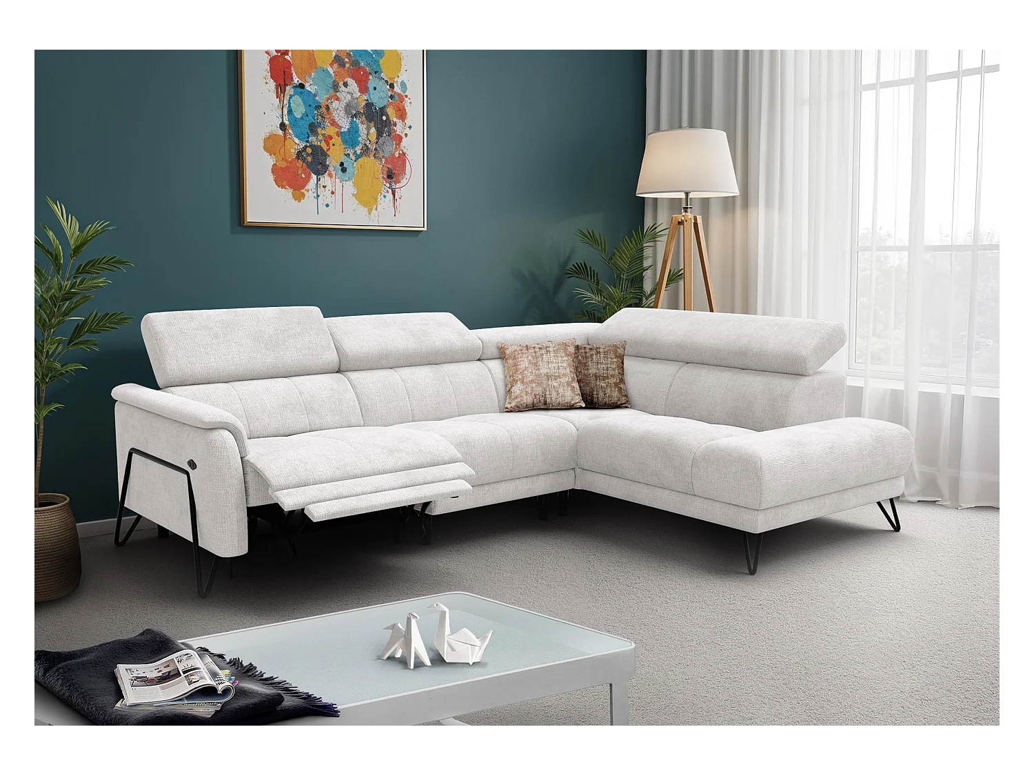 Canapé d'angle 5 places RODEN avec Relax, tissu crème