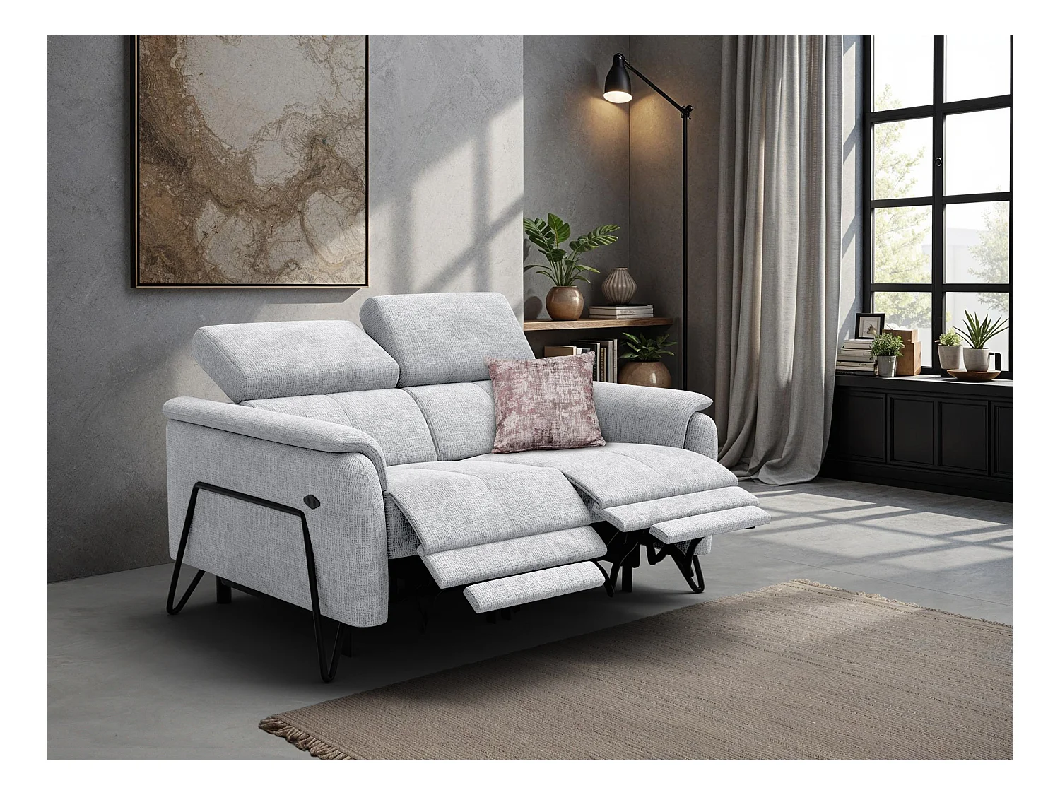 Canapé RODEN 2 places avec 2 Relax, tissu gris clair