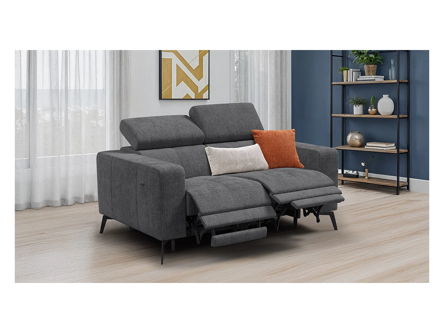 Canapé 2 places MORELLO avec 2 x Relax Zero Gravity, tissu gris foncé