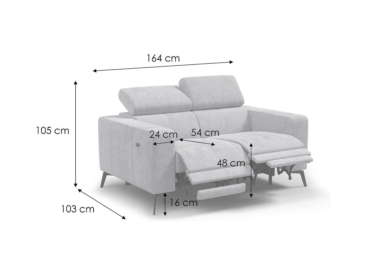 Canapé 2 places MORELLO avec 2 x Relax Zero Gravity, tissu gris foncé