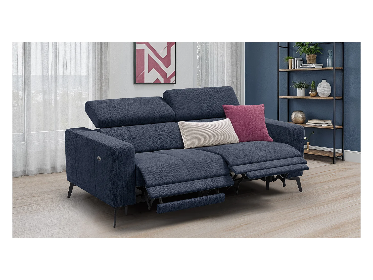 Canapé 3 places MORELLO avec 2 x Relax Zero Gravity, tissu bleu marine