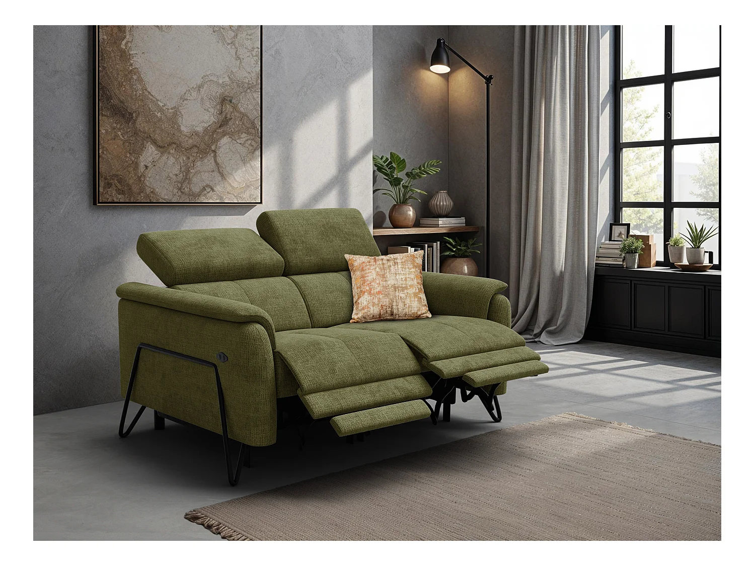 Canapé RODEN 2 places avec 2 Relax, tissu olive