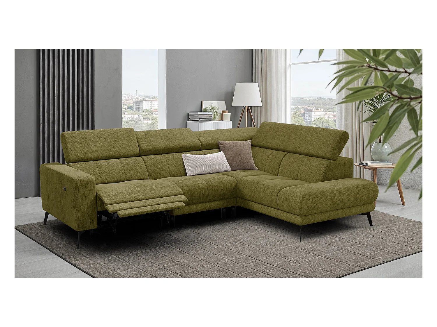 Canapé d'angle 5 places MORELLO avec 1 x Relax Zero Gravity, tissu olive