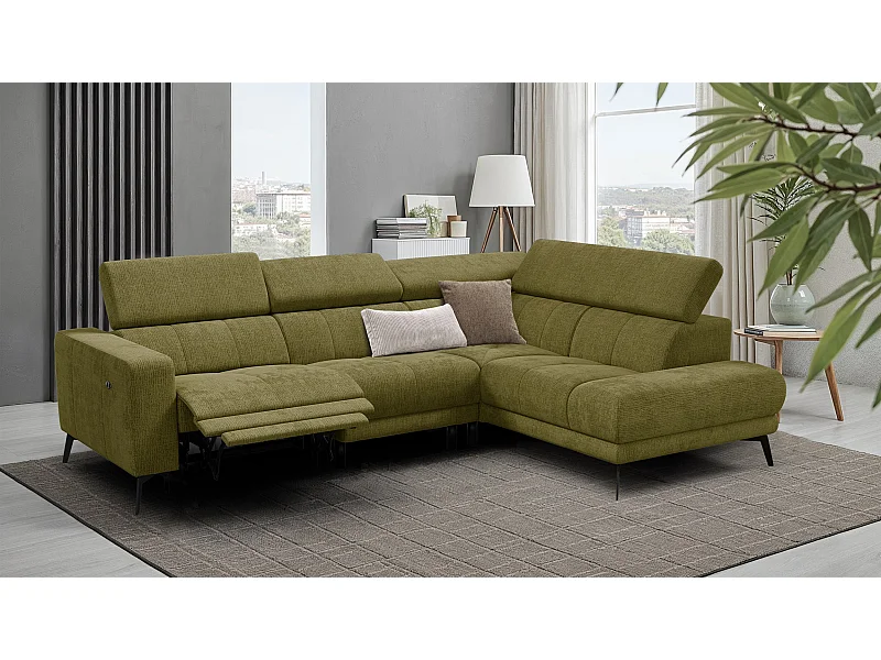 Canapé d'angle 5 places MORELLO avec 1 x Relax Zero Gravity, tissu olive