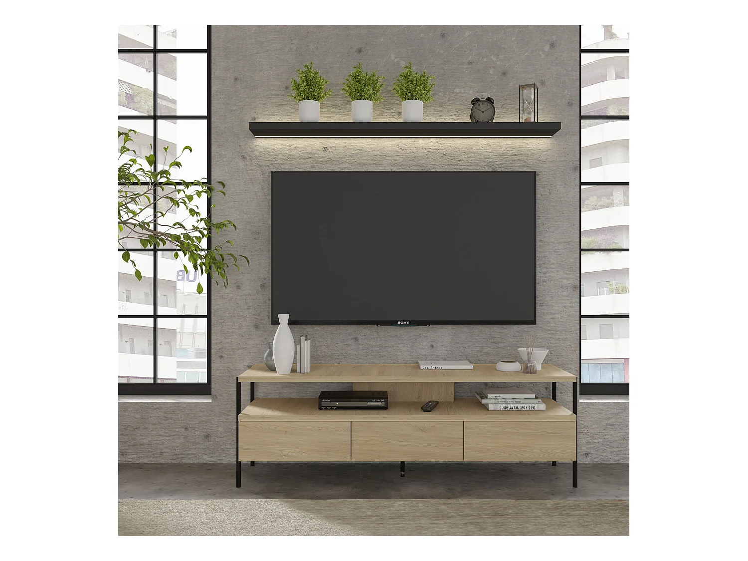 Dragonfly TV-meubel 3S – Eik Cremona, modern meubel met metalen poten en push-to-open-systeem