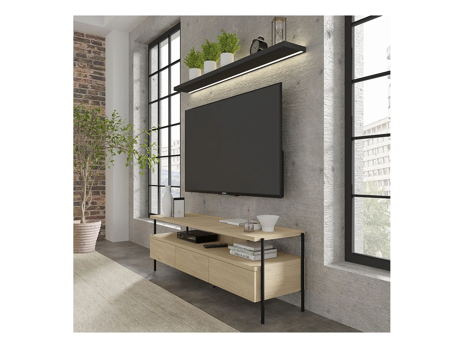 Dragonfly TV-meubel 3S – Eik Cremona, modern meubel met metalen poten en push-to-open-systeem