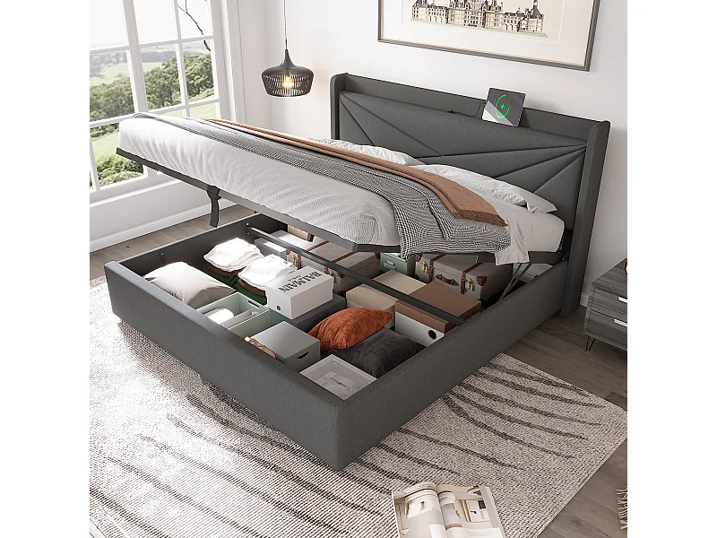 Letto matrimoniale imbottito con contenitore e funzione di ricarica USB Type-C, struttura letto in lino, lettino per bambini 160x200 (materasso non incluso)