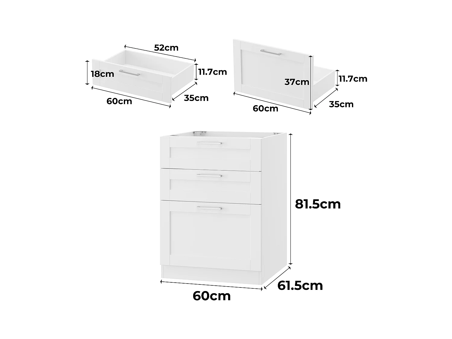 Élément Bas de Cuisine - Meuble de Cuisine Modulaire avec 3 Tiroirs avec Poignées Agentées, 60 x 61.5 x 81.5cm, Blanc
