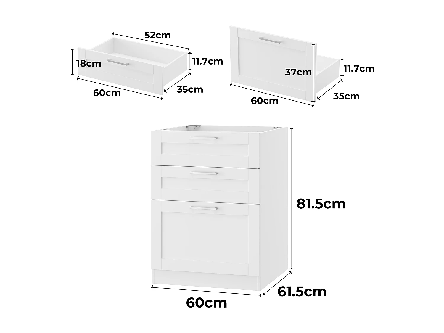 Élément Bas de Cuisine - Meuble de Cuisine Modulaire avec 3 Tiroirs avec Poignées Agentées, 60 x 61.5 x 81.5cm, Blanc