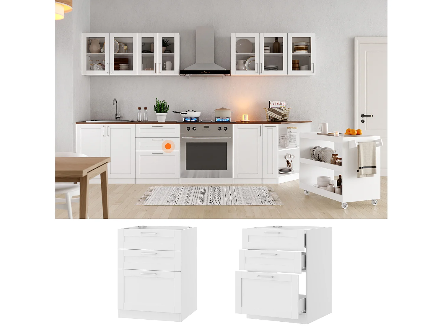 Élément Bas de Cuisine - Meuble de Cuisine Modulaire avec 3 Tiroirs avec Poignées Agentées, 60 x 61.5 x 81.5cm, Blanc