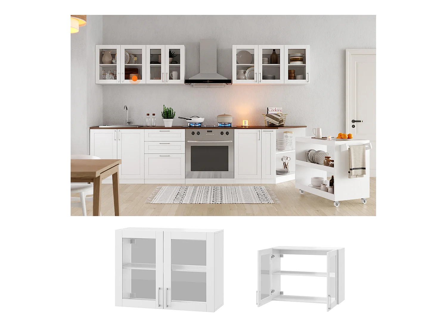 Armoire Murale de Cuisine avec 2 Portes en Verre, Module de cuisine Suspendu avec Étagère réglable, 80 x 31.5 x 60cm, Blanc