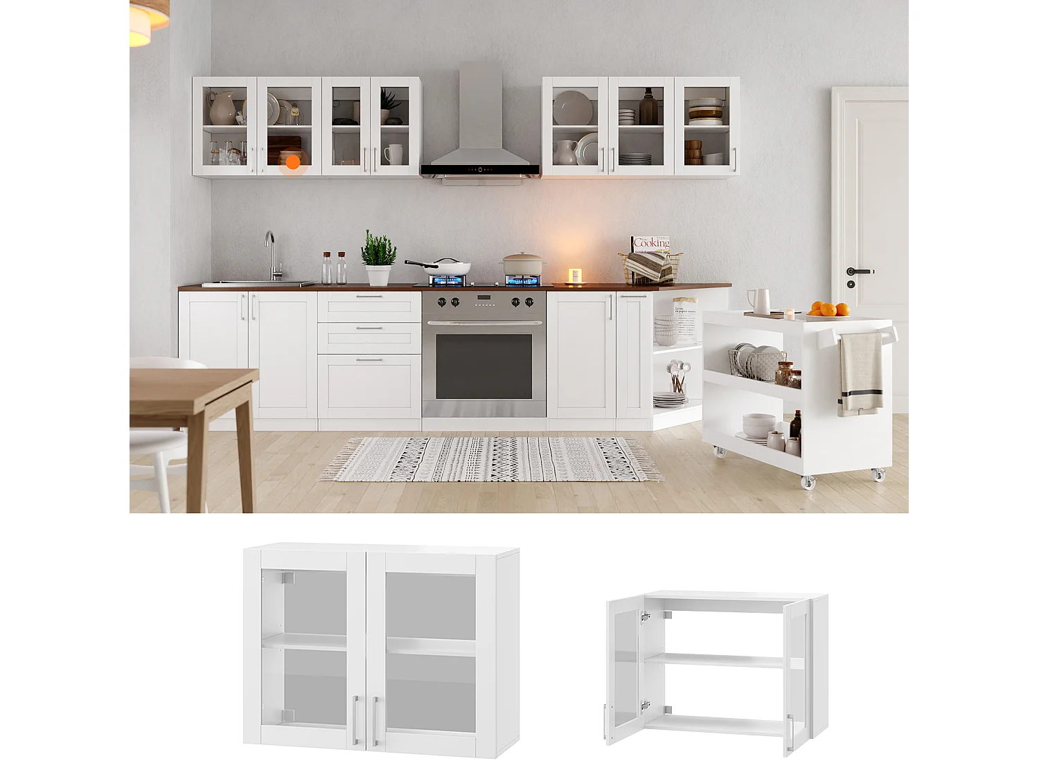 Armoire Murale de Cuisine avec 2 Portes en Verre, Module de cuisine Suspendu avec Étagère réglable, 80 x 31.5 x 60cm, Blanc