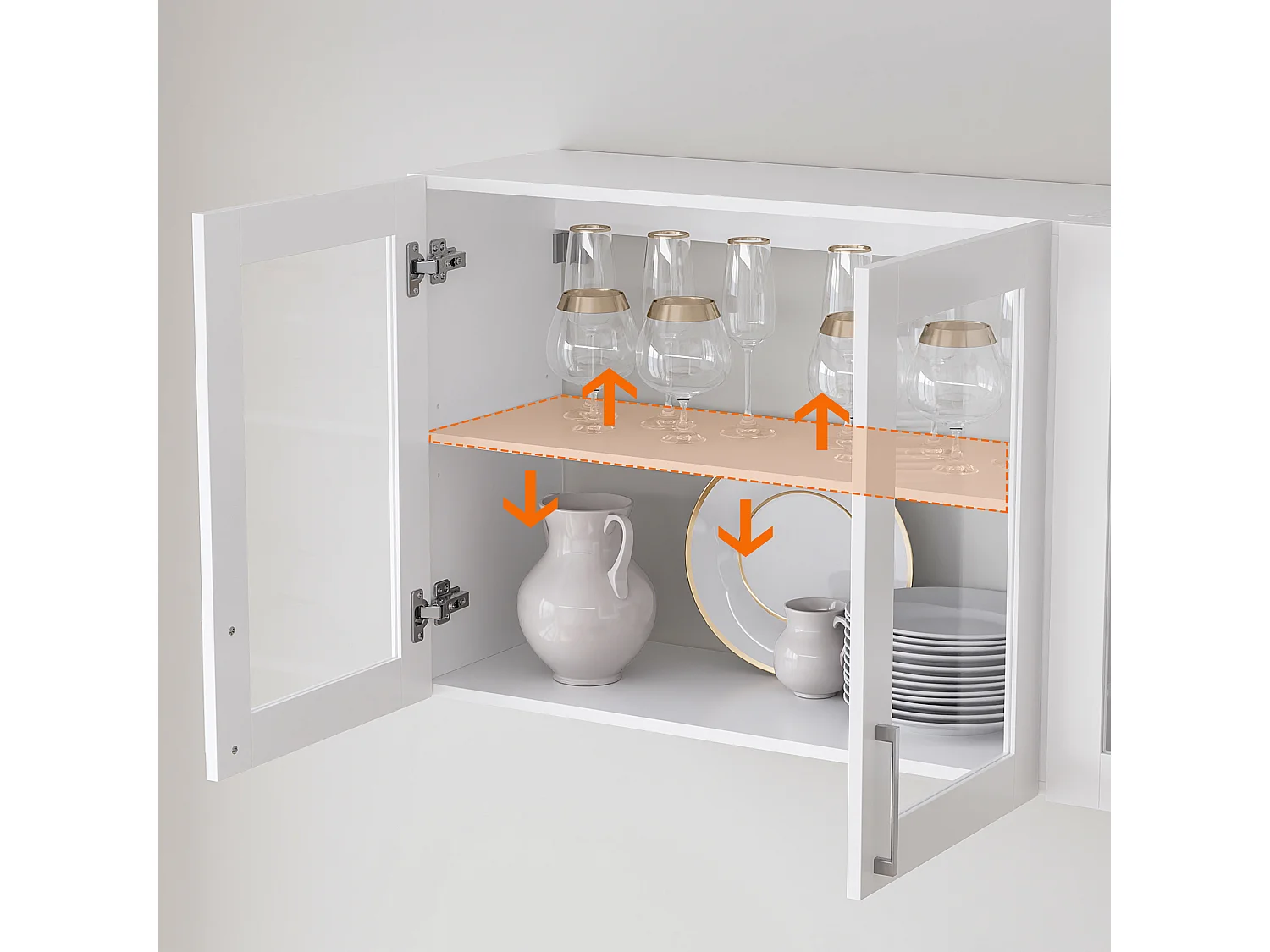 Armoire Murale de Cuisine avec 2 Portes en Verre, Élément haut de cuisine avec Étagère réglable, 80 x 31.5 x 60cm, Blanc