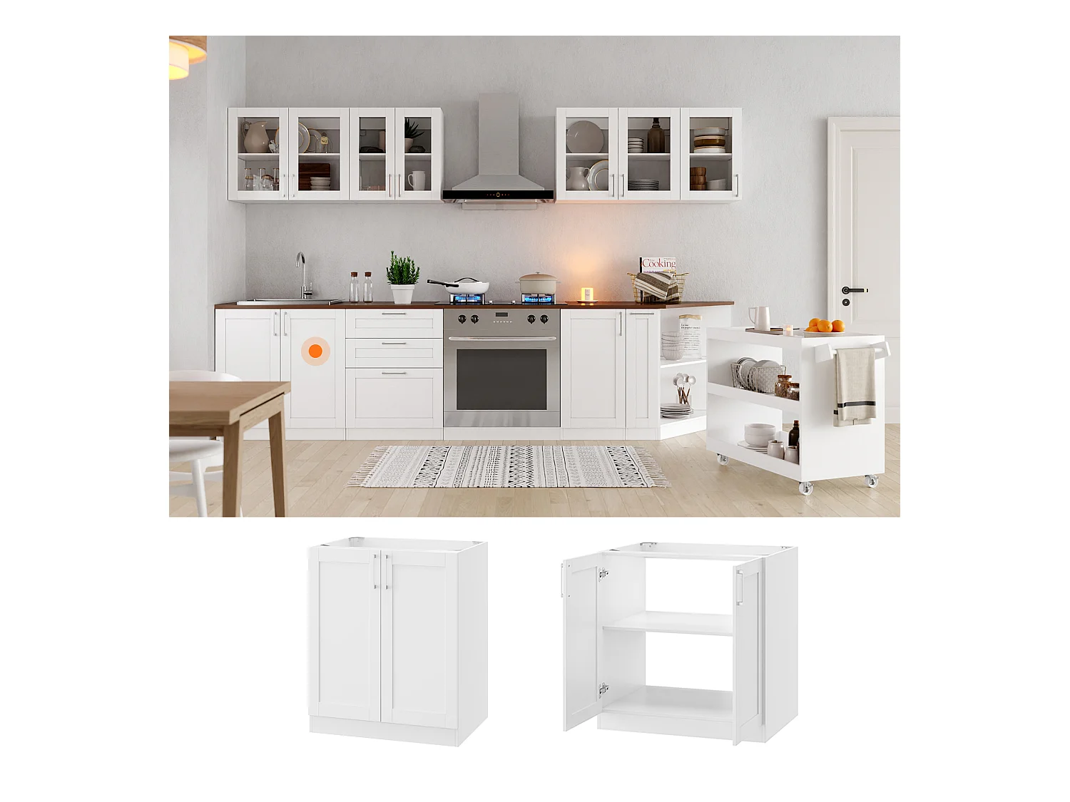 Élément Bas de Cuisine avec 2 portes sans Plan de Travail, Meuble de Cuisine Modulaire avec Étagère réglable, 80x61.5x81.5cm, Blanc