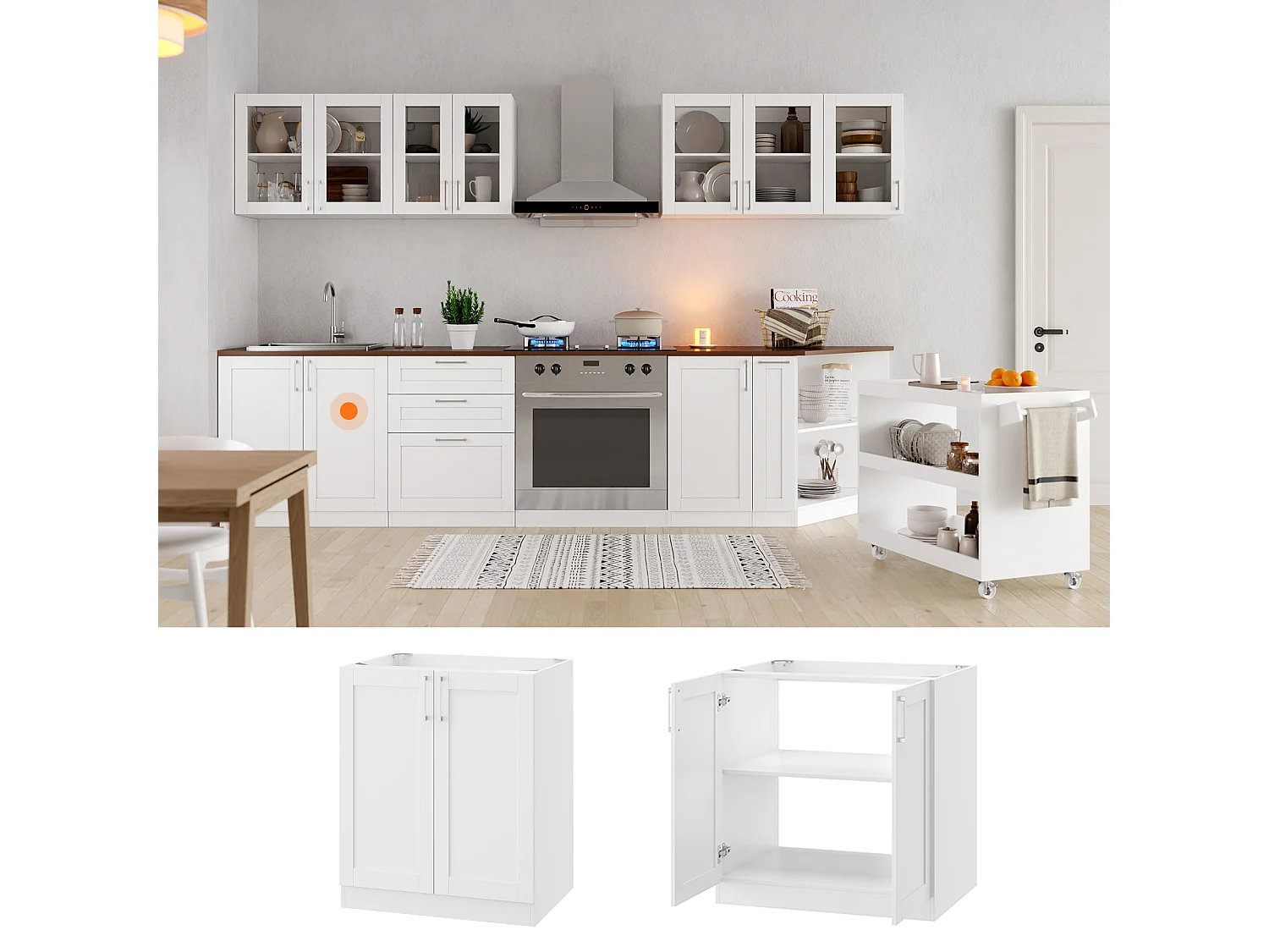 Élément Bas de Cuisine avec 2 portes sans Plan de Travail, Meuble de Cuisine Modulaire avec Étagère réglable, 80x61.5x81.5cm, Blanc