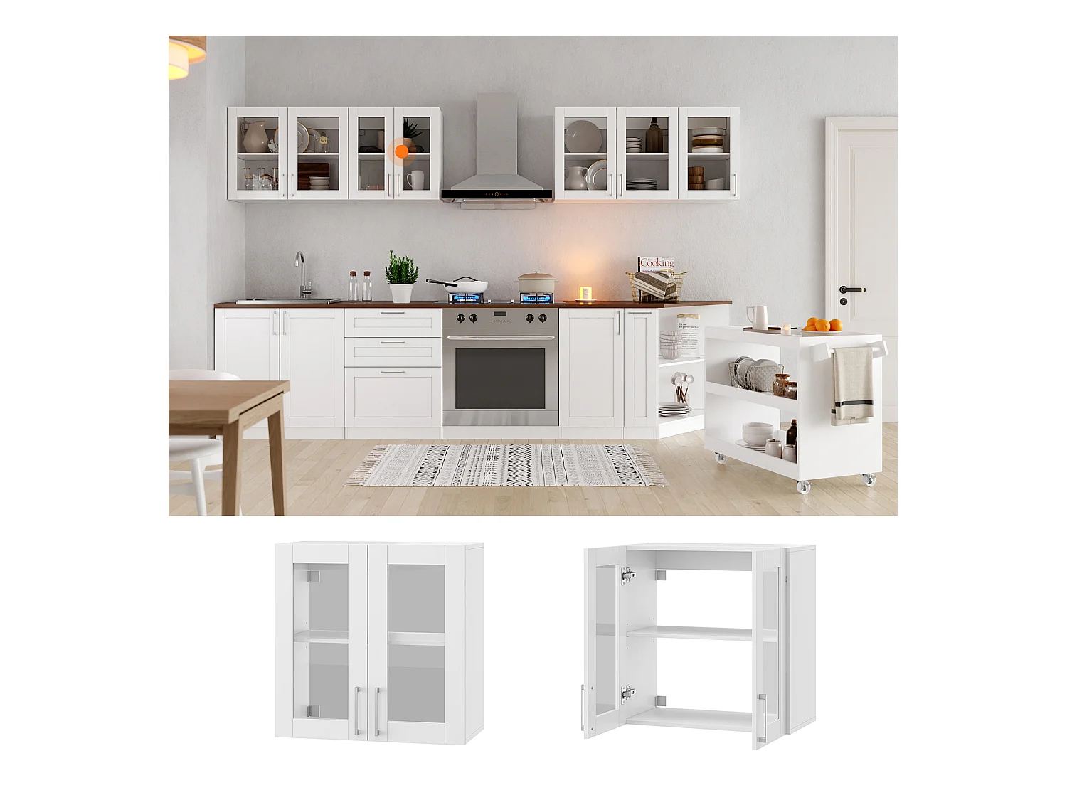 Armoire Murale de Cuisine avec 2 Portes en Verre, Module de cuisine Suspendu avec Étagère réglable, 60 x 31.5 x 60cm, Blanc