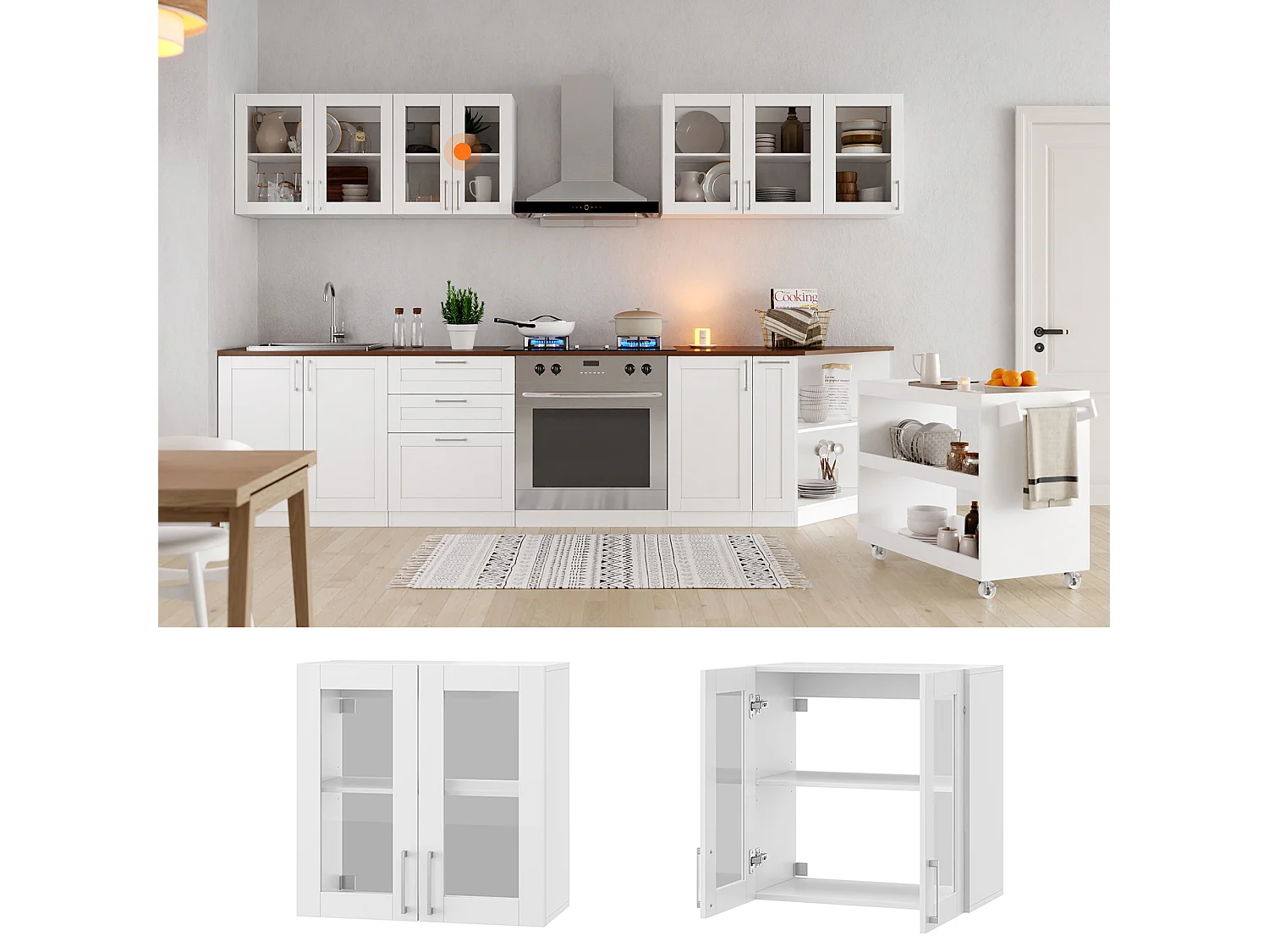 Armoire Murale de Cuisine avec 2 Portes en Verre, Module de cuisine Suspendu avec Étagère réglable, 60 x 31.5 x 60cm, Blanc