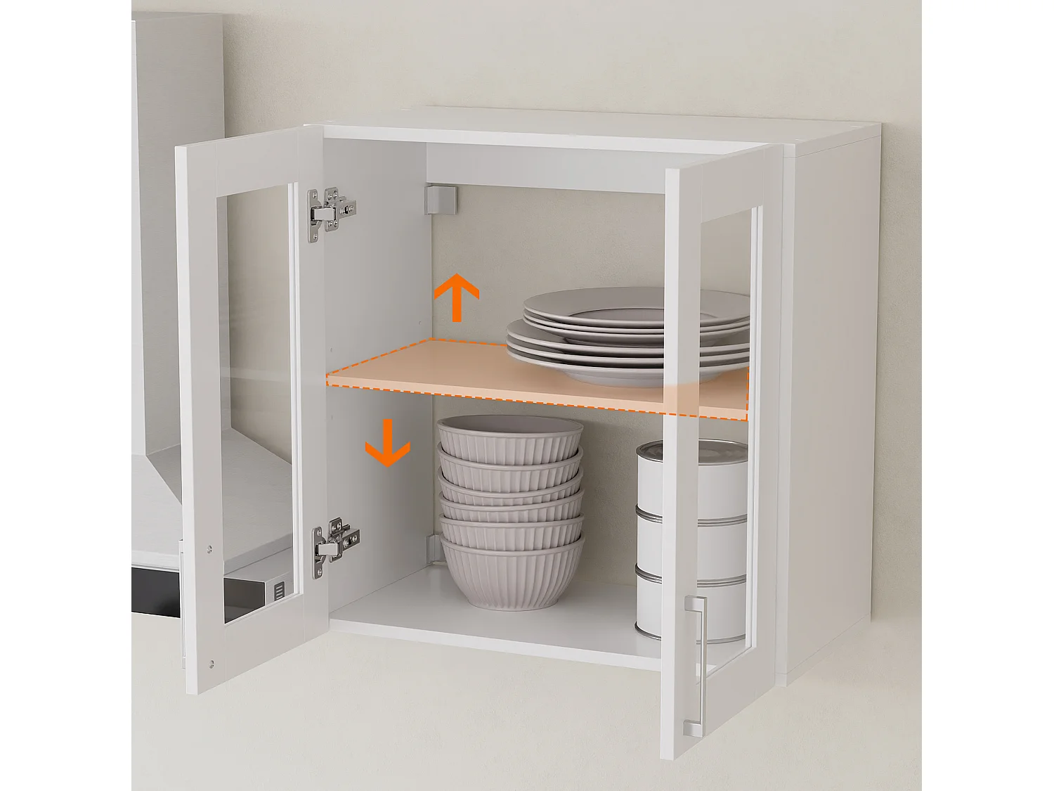 Armoire Murale Armoire Suspendue avec 2 Portes en Verre pour Cuisine, Meuble Haut Cuisine avec Étagère réglable, 60 x 31.5 x 60cm, Blanc