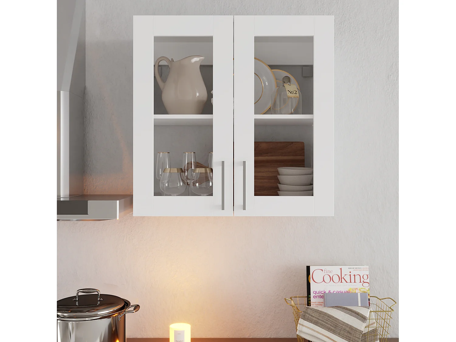Armoire Murale Armoire Suspendue avec 2 Portes en Verre pour Cuisine, Meuble Haut Cuisine avec Étagère réglable, 60 x 31.5 x 60cm, Blanc