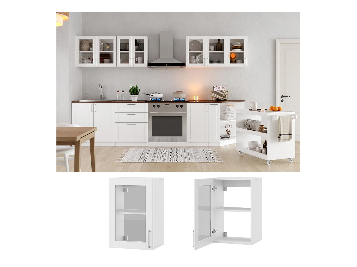 Armoire Murale de Cuisine avec 1 Porte en Verre, Module de cuisine Suspendu avec Étagère réglable, 40 x 31.5 x 60cm, Blanc