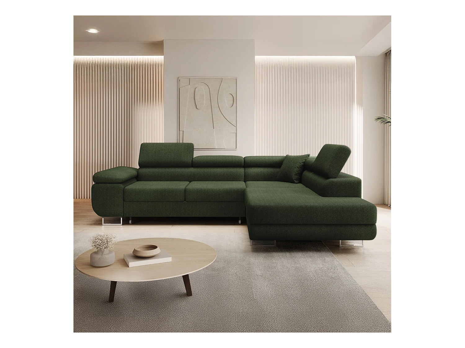 Canapé d'angle droit convertible Marius bouclette Kaki