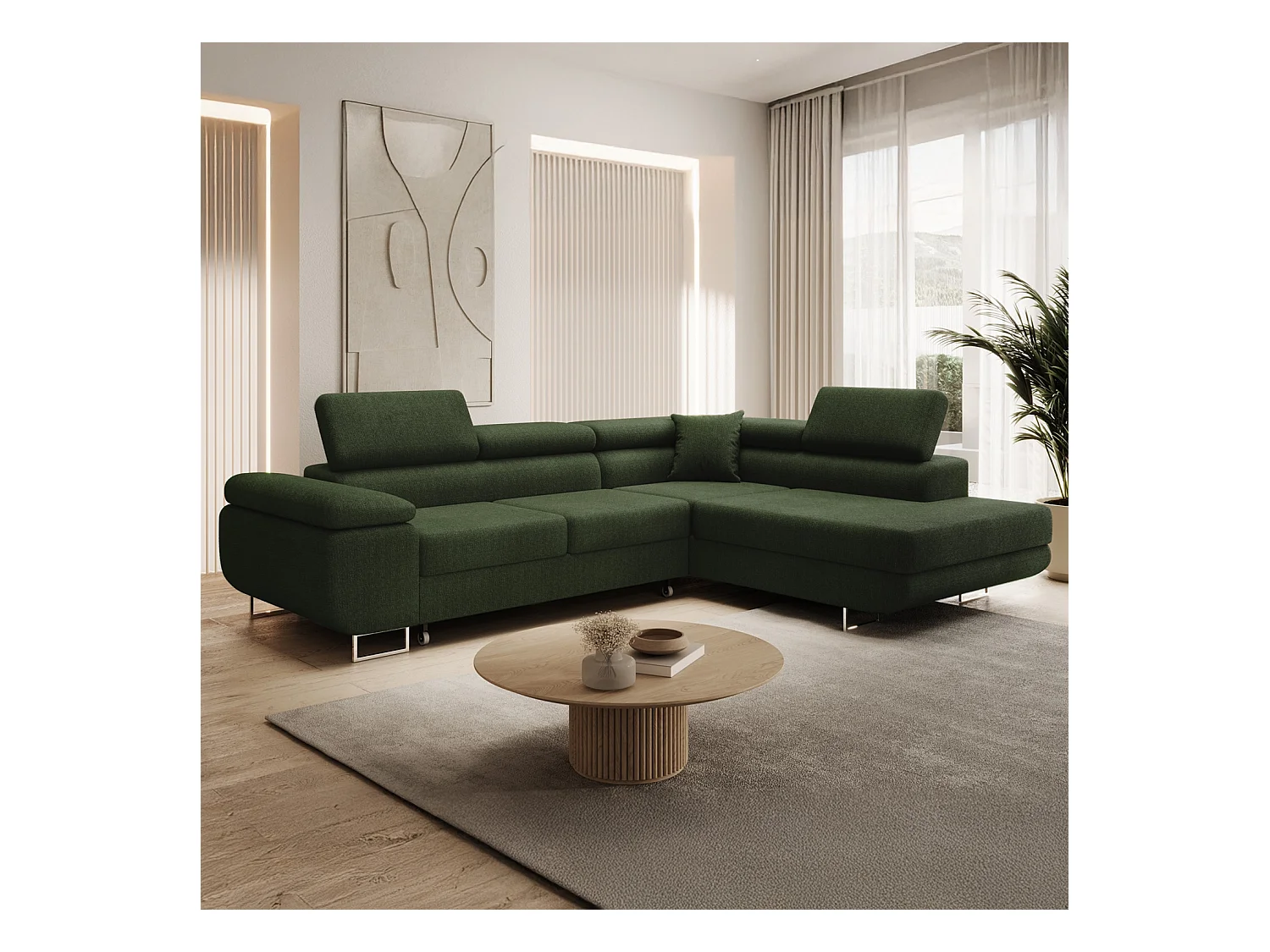 Canapé d'angle droit convertible Marius bouclette Kaki