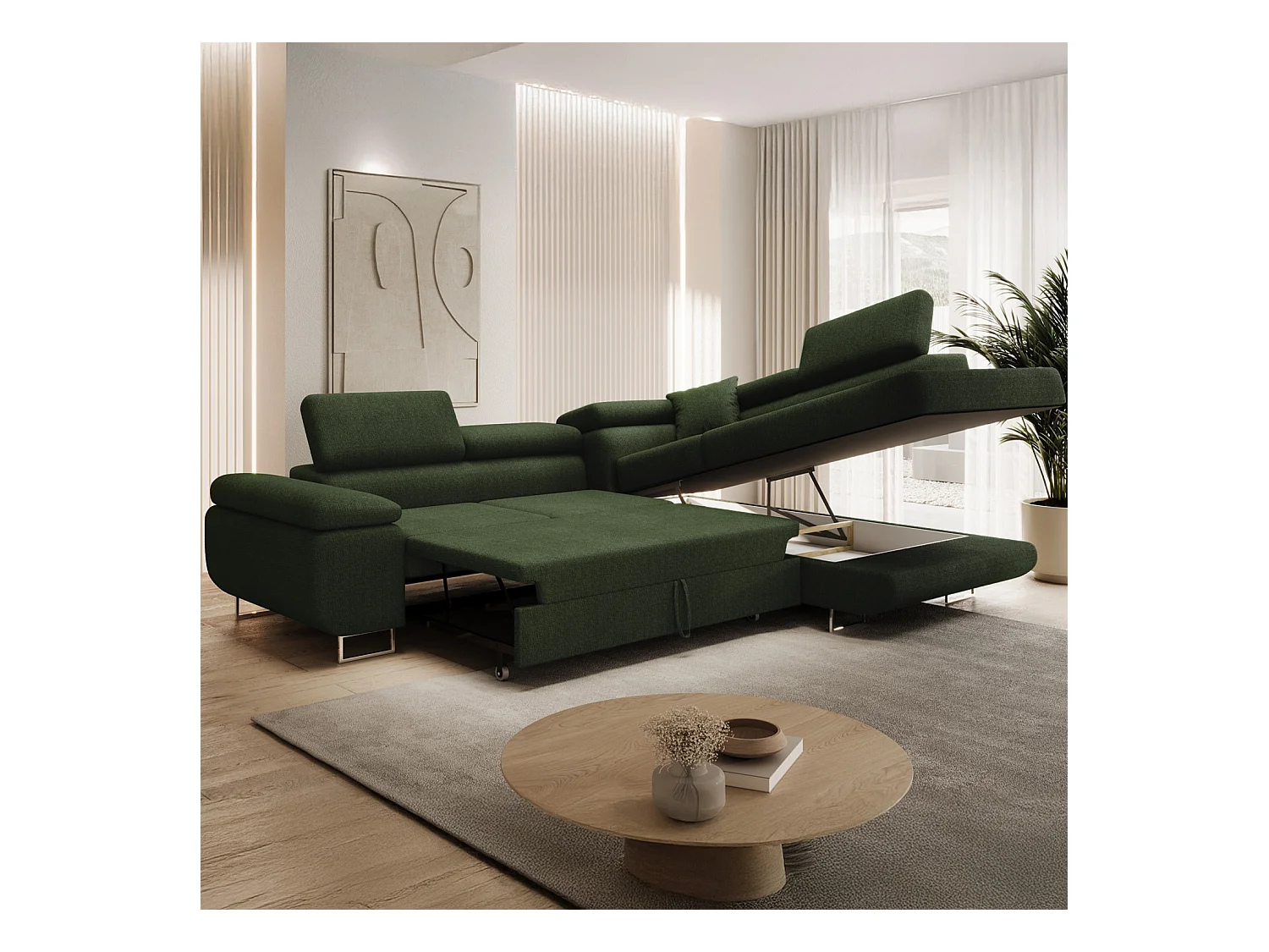 Canapé d'angle droit convertible Marius bouclette Kaki