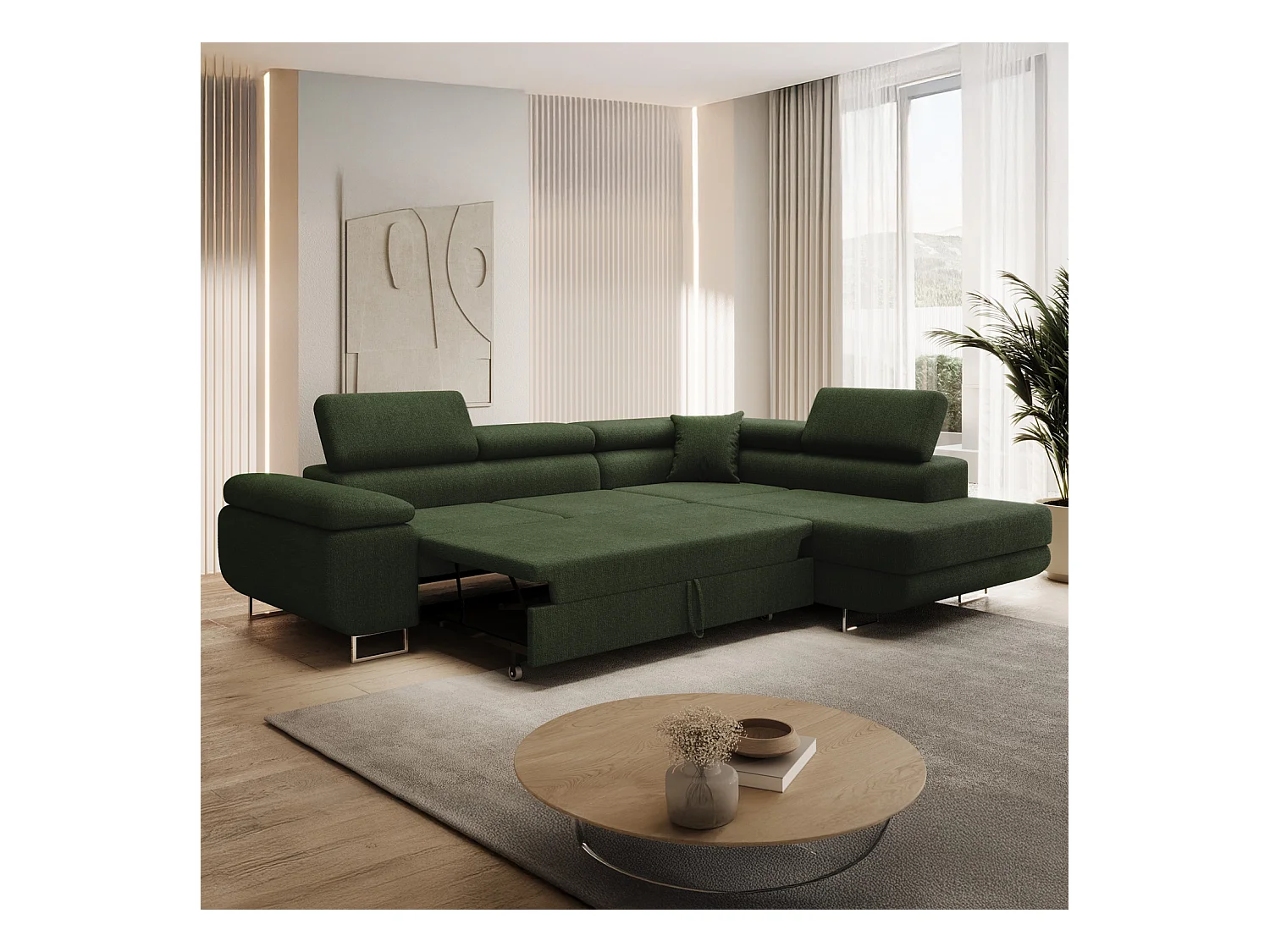 Canapé d'angle droit convertible Marius bouclette Kaki