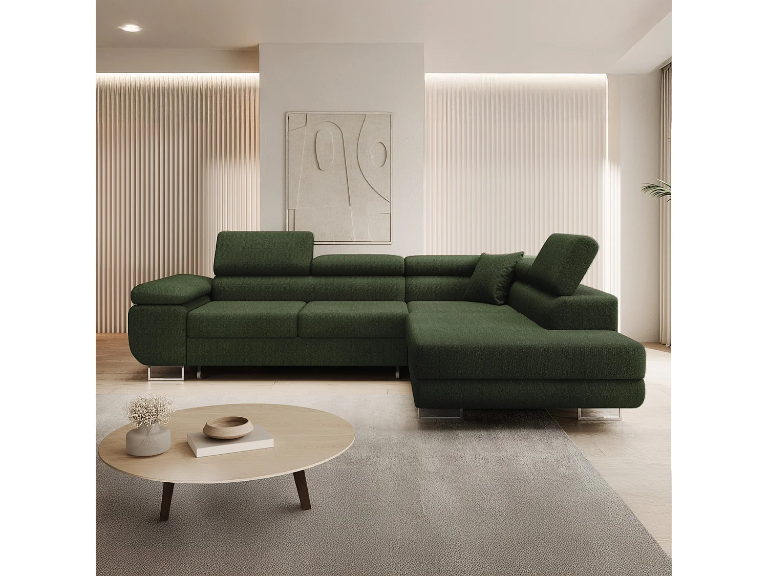 Canapé d'angle droit convertible Marius bouclette Kaki