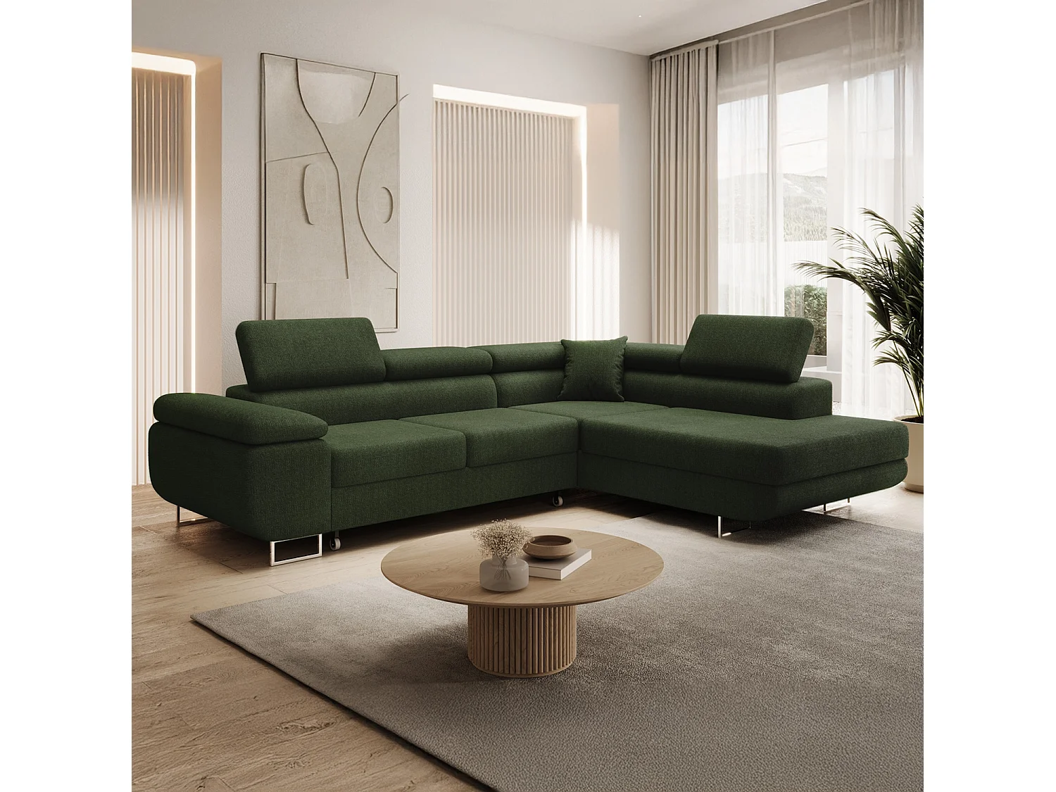 Canapé d'angle droit convertible Marius bouclette Kaki