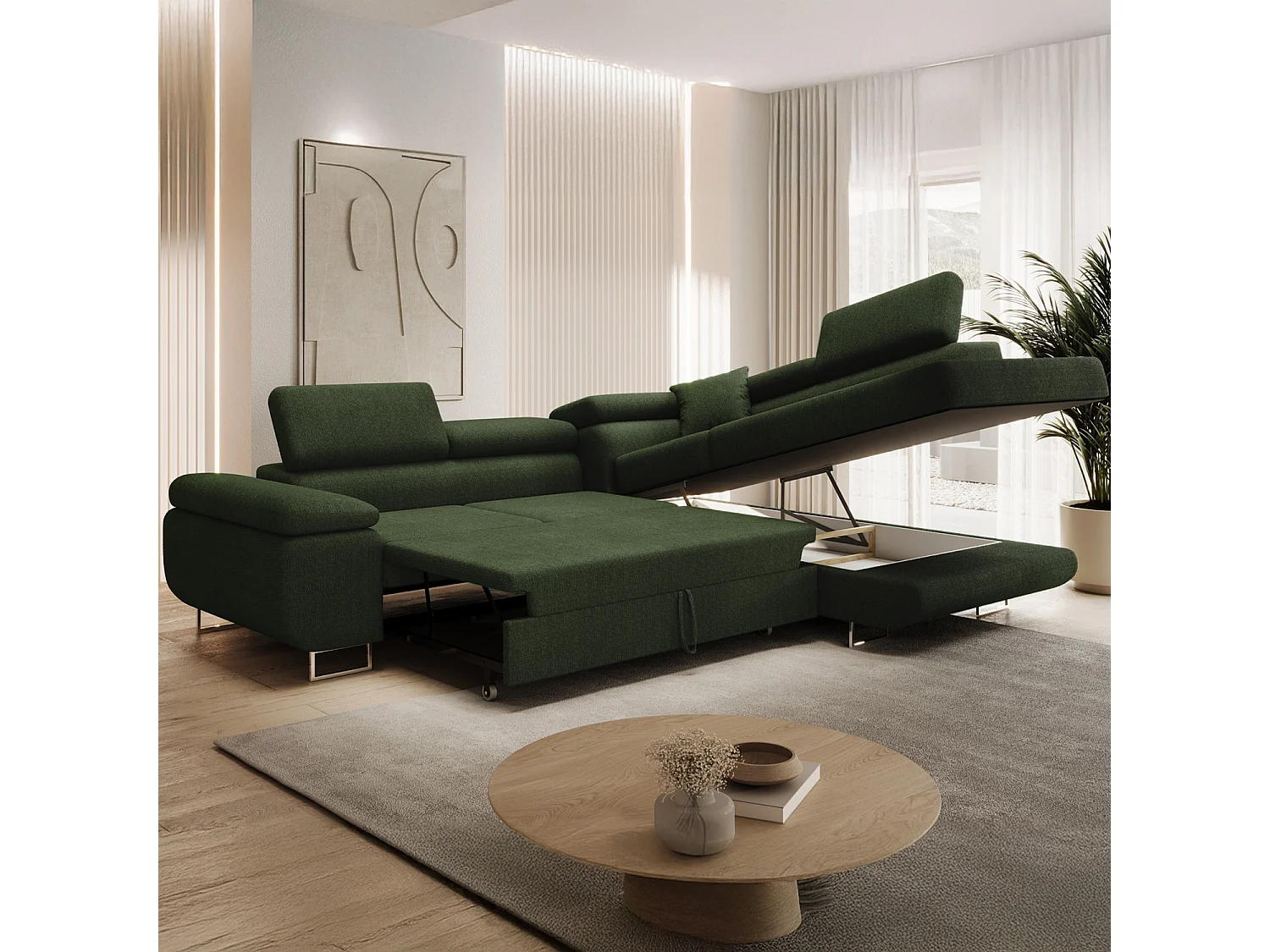 Canapé d'angle droit convertible Marius bouclette Kaki