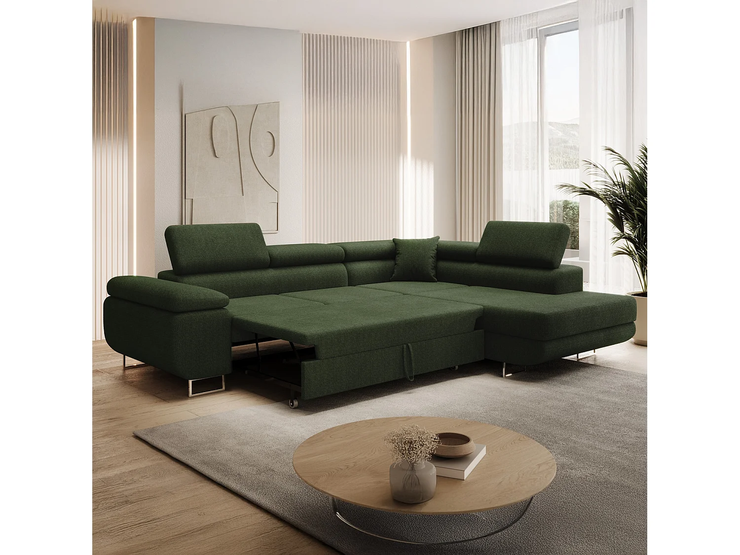 Canapé d'angle droit convertible Marius bouclette Kaki