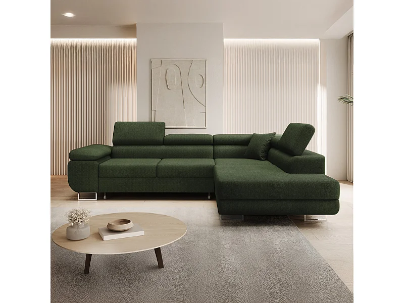 Canapé d'angle droit convertible Marius bouclette Kaki