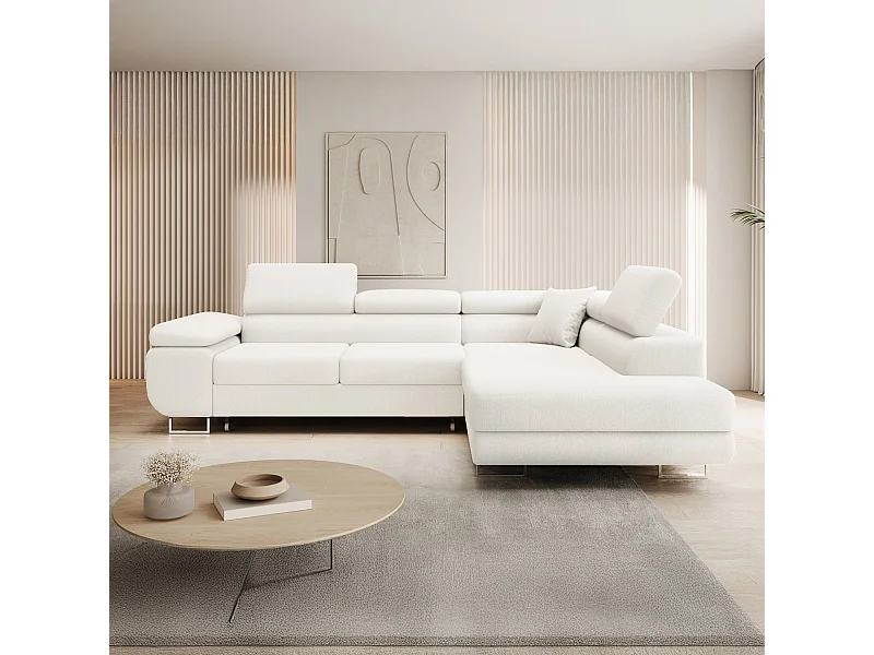 Canapé d'angle droit convertible Marius bouclette Blanc