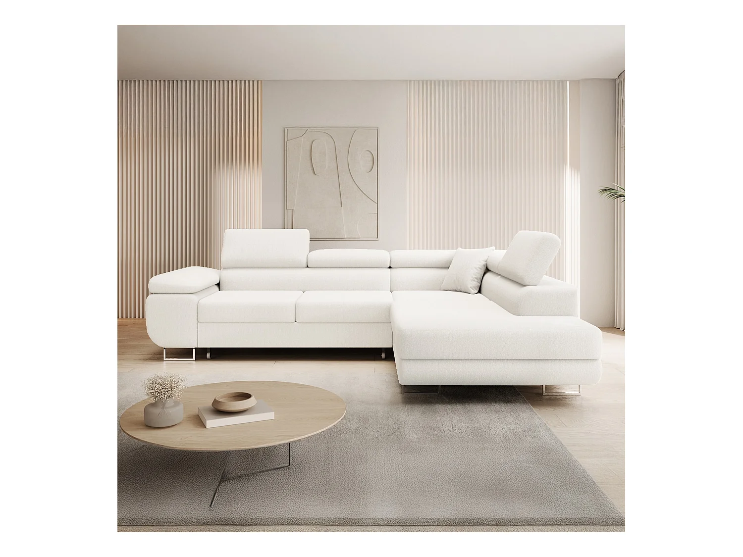 Canapé d'angle droit convertible Marius bouclette Blanc