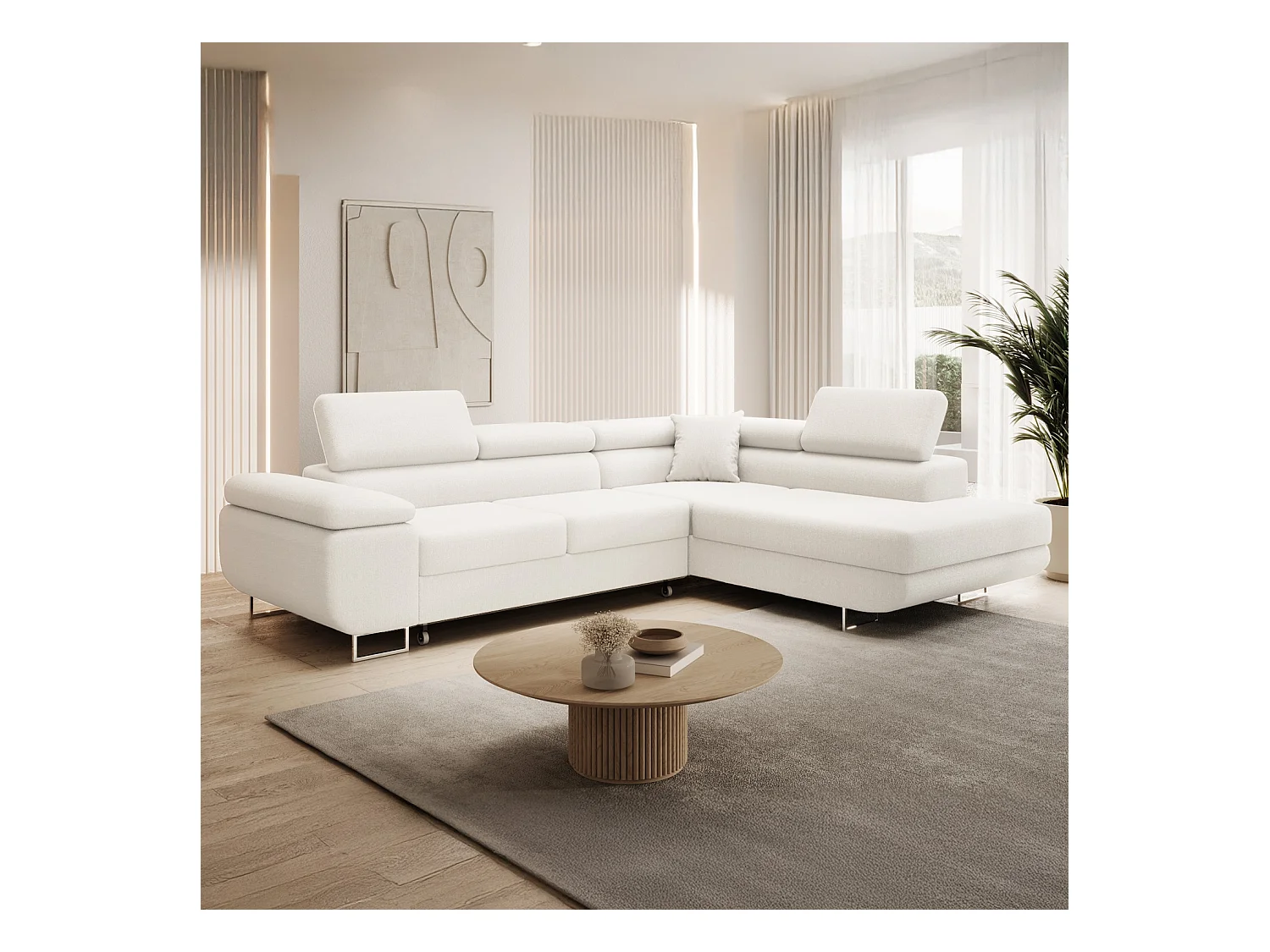 Canapé d'angle droit convertible Marius bouclette Blanc