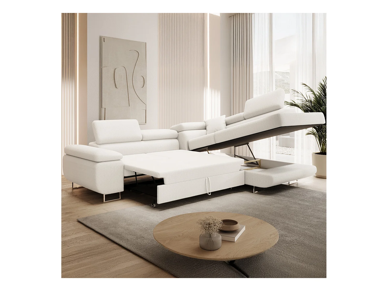 Canapé d'angle droit convertible Marius bouclette Blanc