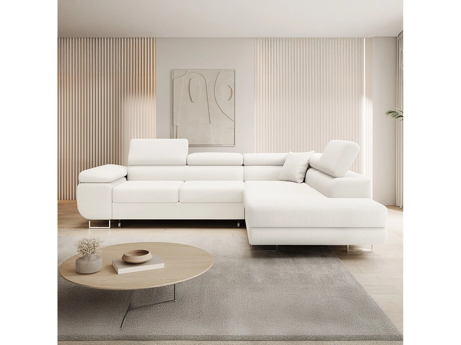 Canapé d'angle droit convertible Marius bouclette Blanc