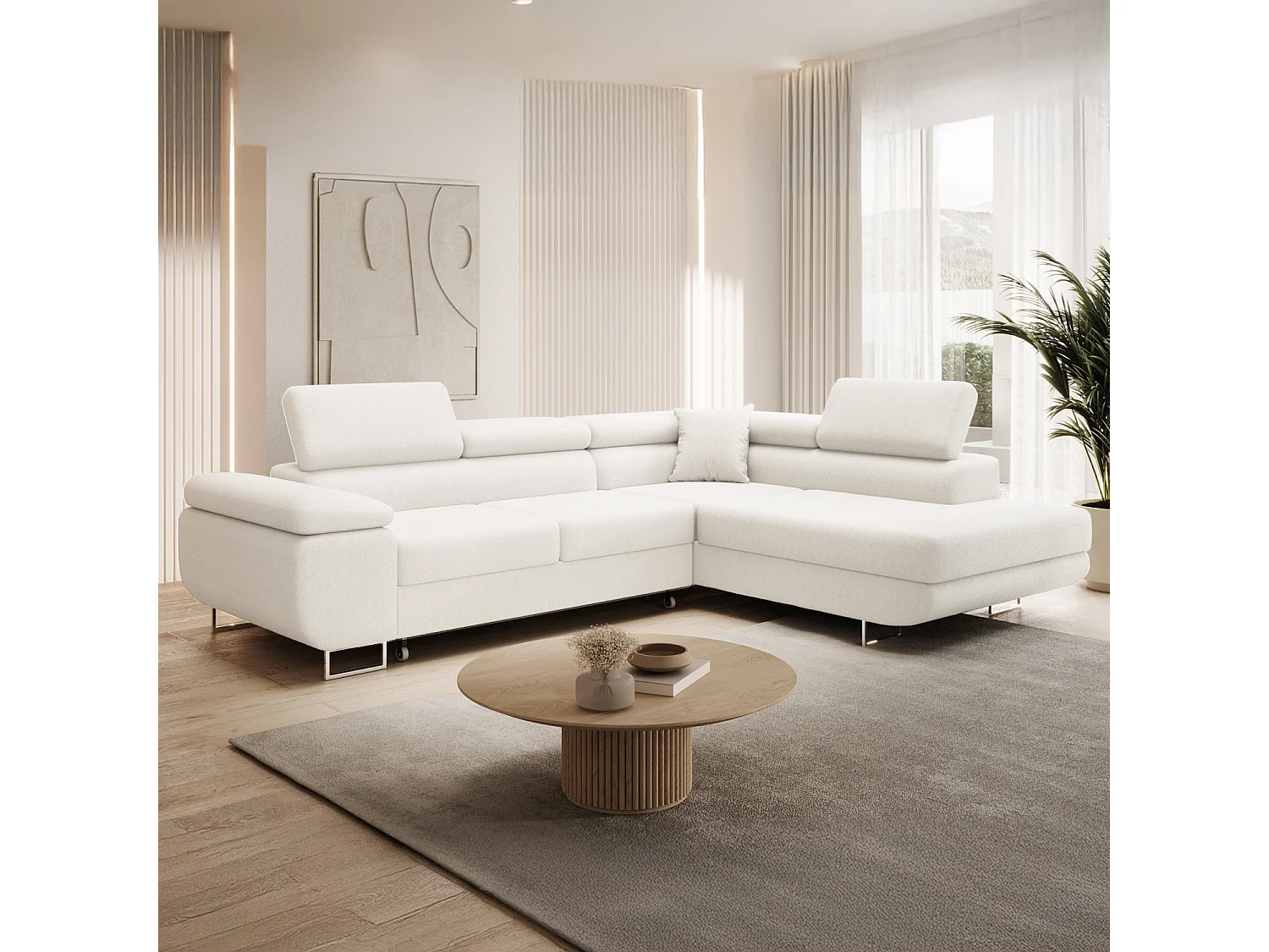 Canapé d'angle droit convertible Marius bouclette Blanc