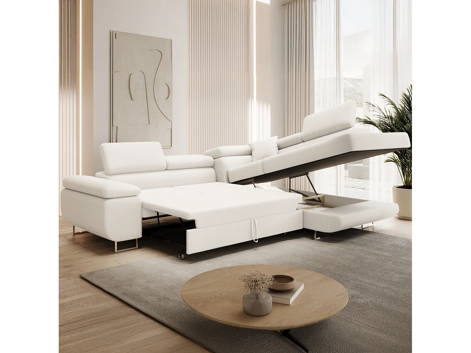 Canapé d'angle droit convertible Marius bouclette Blanc