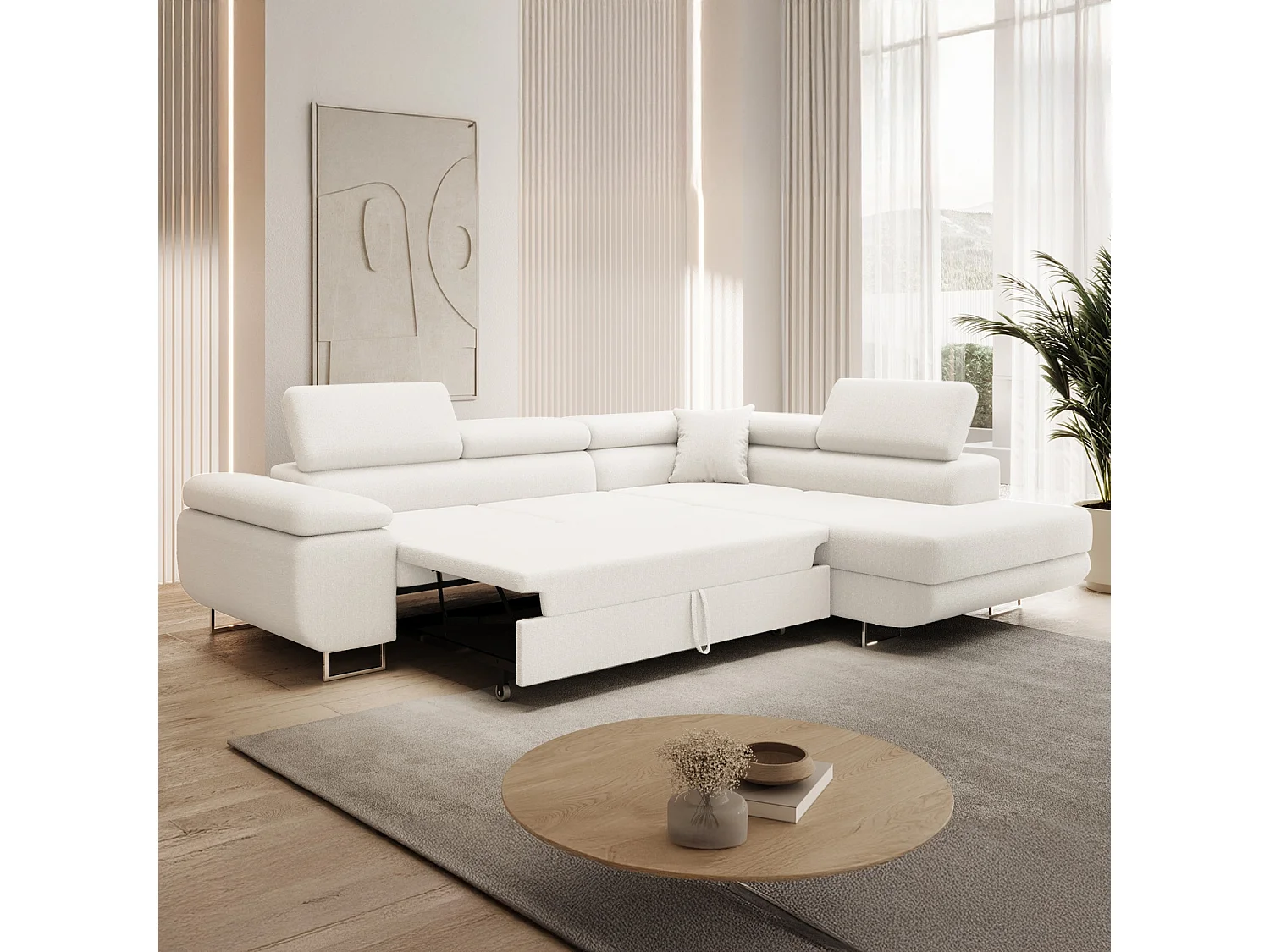 Canapé d'angle droit convertible Marius bouclette Blanc